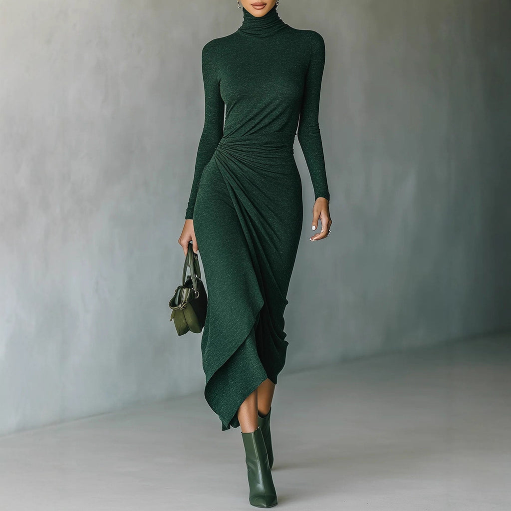 SERENA | Vestido Midi Elegante con Cuello Alto y Corte Envolvente