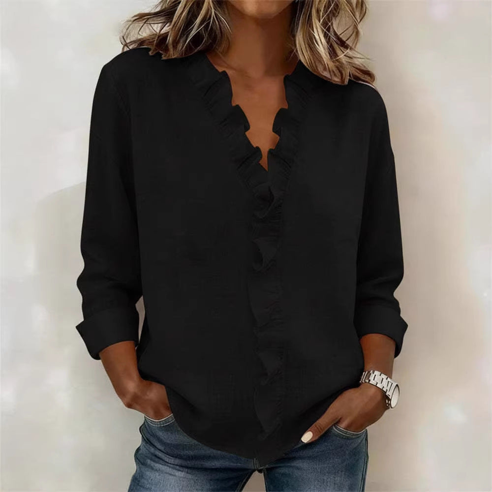 Blusa Chic de Algodón con Volantes y Cuello en V