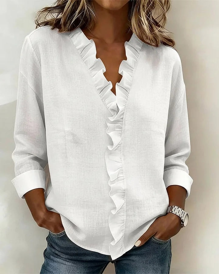 Blusa Chic de Algodón con Volantes y Cuello en V