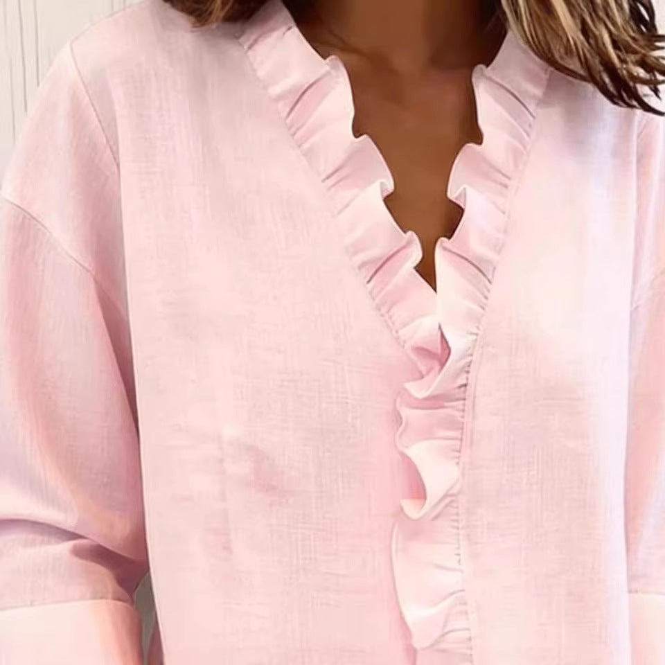 Blusa Chic de Algodón con Volantes y Cuello en V